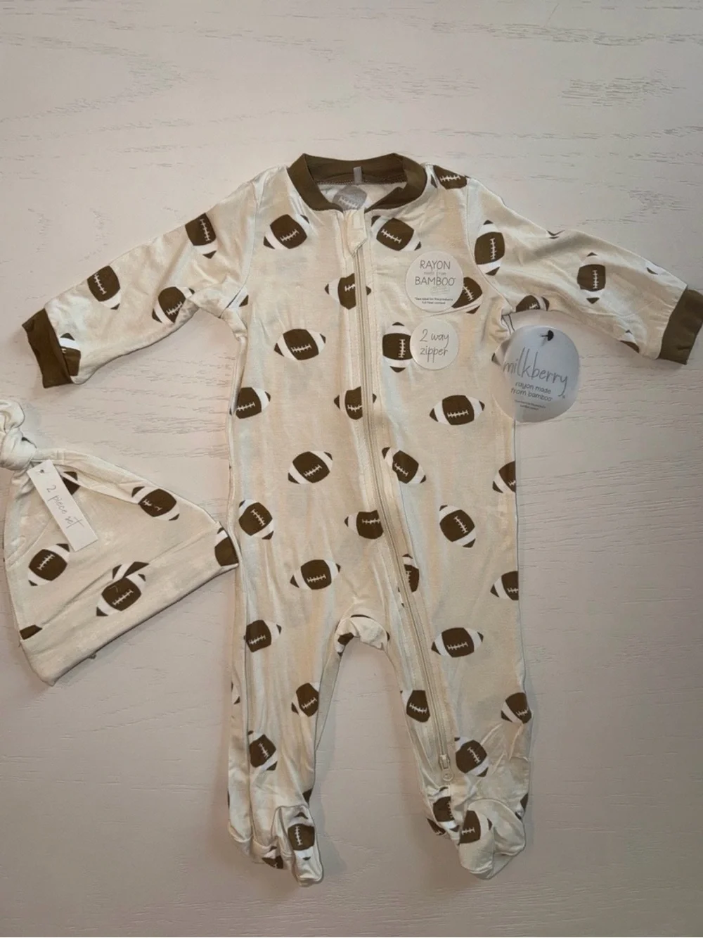 NWT Milkberry Bamboo Rayon Two Piece Set Football Patterned